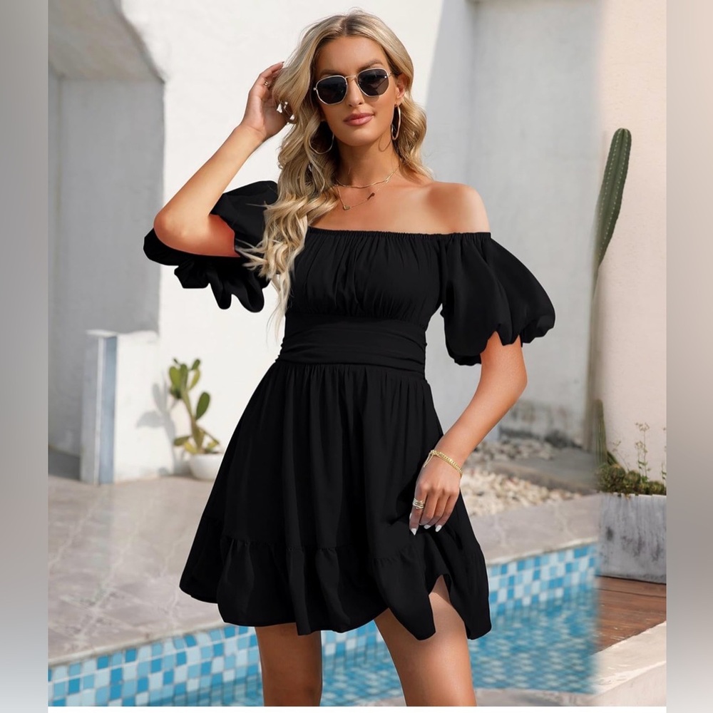 New Phortric Summer Tie Back party Dress size M Lantern Sleeve Off Shoulder